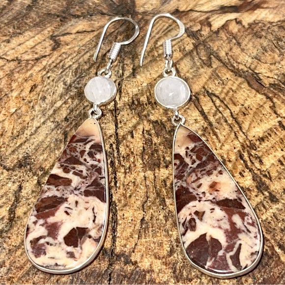 Coconut Jasper & Rainbow Moonstone Earrings 2 1/2” - Picture 10 of 14